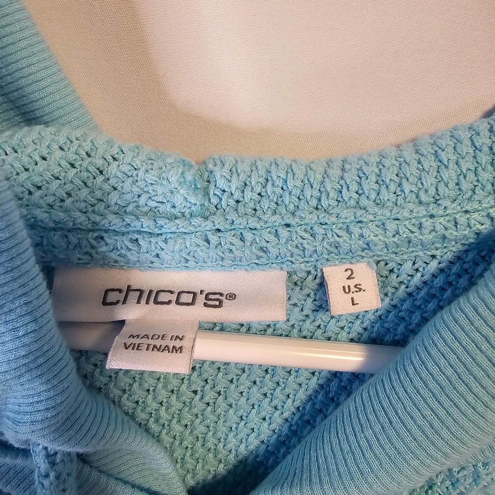 Chico's Waffle Knit Pullover Hoodie Size 2 L Light Blue Coastal Casual Beach - Picture 5 of 9